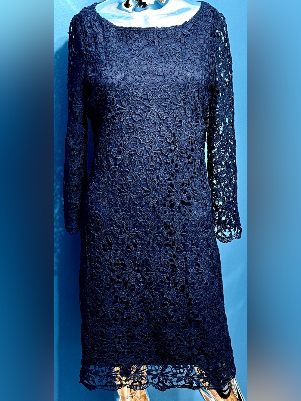 Tiana B. Navy Crochet Lace Long-Sleeve Dress